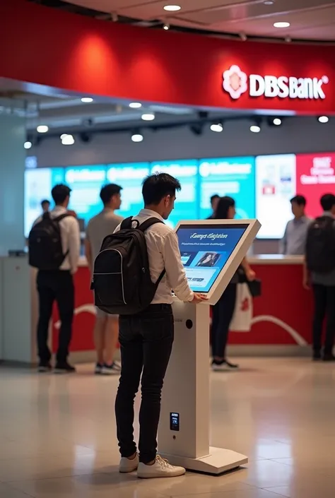 physical queuepole at dbs bank with kiosk system like the one in polyclinic queue pole + kiosk (enabling customers to know their queue status, enquiries) scan their card details so staff knows they are around