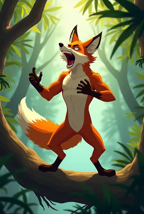 With 2d animation , A young male fox boy , Antropomórfico , Osea on two legs  , Hes naked in the jungle , On top of a tree branch ,  screaming like Tarzan ,  hitting each others chest with both arms .