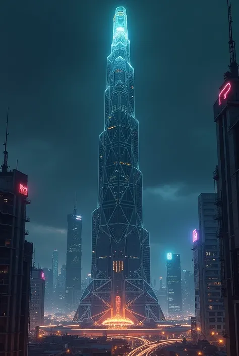 Make a skyscraper with pointed top it has 250 floors, full of glasses and cyber punk style at night, make it more sketchy. Make it skinny. Dont imitate burj kalifa, make it more polygon 