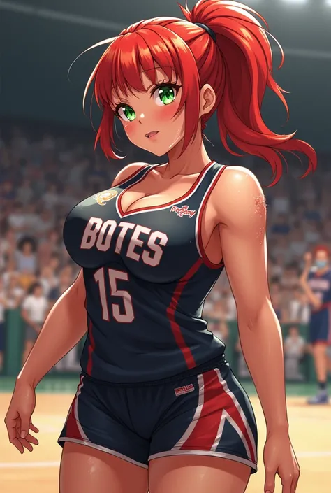 Busty and sweaty basketball player after a match, redhead with green eyes . (anime version)