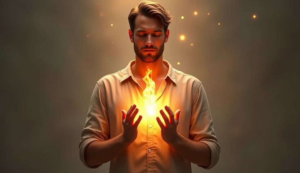 It creates a representation of a realistic male person dressed simply casually raising his hands up praying and who has a flame of fire inside the center of his chest,  that has a revival of the spirit , But the flame is beautiful  