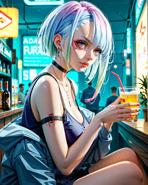 lucy from cyberpunk edgerunners is awaiting you at a bar
