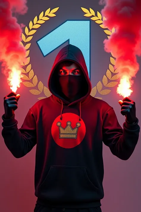 1. Central element:  Character

Figure :  A character in the center , hooded,  with an energetic and challenging posture .

outfit:

 Hoodie black with a modern design . In the center of the hoodie, a logo: } a bright red circle with a golden crown .  The ...