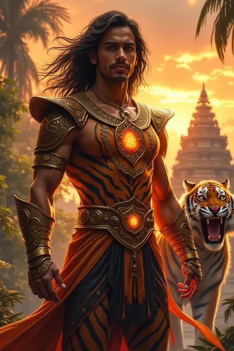 "A striking image of a young Indian male superhero with a blend of human and tiger features. His muscular, athletic physique is clad in intricately designed armor inspired by traditional Indian motifs, with elements of gold, orange, and black. The armor is...