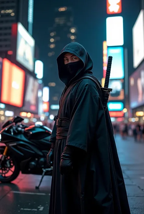 Photorealistic, hyper detailed, masterpiece, 8k, night sky, New York City, Time square, a formidable Japanese ninja is fiercely looking straight at the viewer. He has a katana on his back. His black Kawasaki motorcycle is in the background.