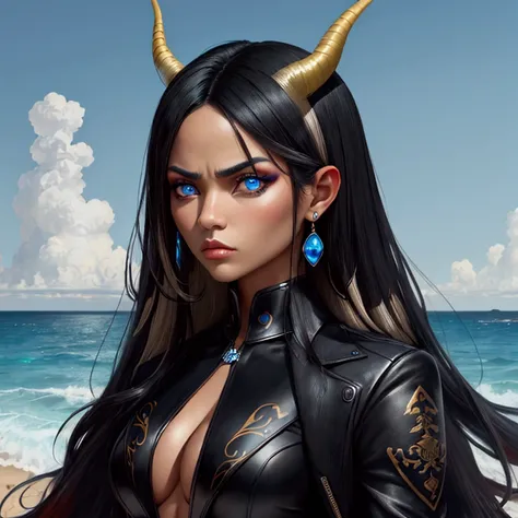 One woman, black hair with withe highlights, medium color skin, blue ocean eyes, antelope horns   expensive clothing, serious, judging face. 