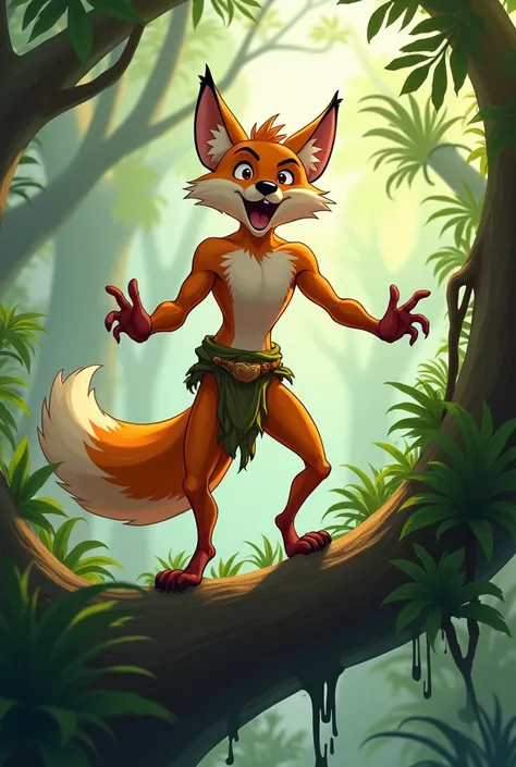 With 2d animation , A young male fox boy , Antropomórfico , Osea on two legs  , Its in loincloths in the jungle , On top of a tree branch ,  screaming like Tarzan ,  hitting each others chest with both arms .