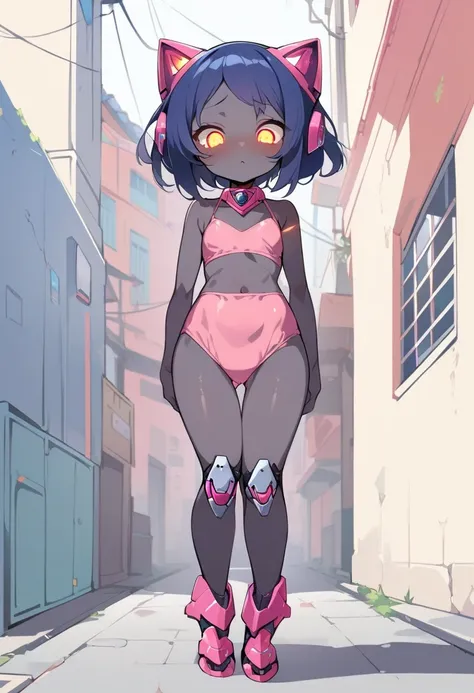  1girl, solo, full body,deformation,small breasts,wide hip, pink bikini, glowing eyes,cat robot head,robot face,Shyness skin,shy, dark navy skin, in street