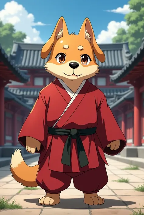 anthropomorphic male dog with DROOPY ears light brown with light brown eyes former martial arts master, Wear a red martial arts kimono in the background a martial arts temple ,  anime style.