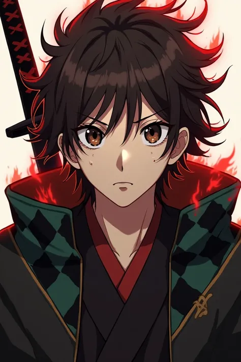 Hair: Tanjiro has messy, dark brown hair with a slight reddish tint, which is often depicted in a spiky style.
Eyes: His eyes are large and expressive, typically shown as a bright shade of dark brown, almost black.
Clothing: He wears the standard Demon Sla...