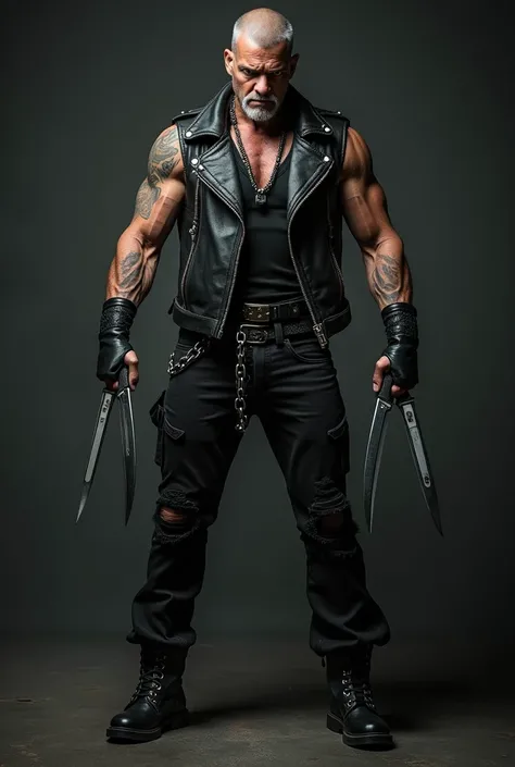 man, wearing ripped black pants with chain ,black boot, Black rock vest with rhinestones holding knives and throwing in hand