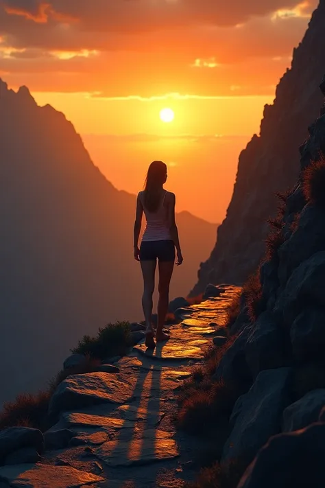   of climbing a steep mountain at dusk .  The sky in the background is orange and the environment conveys a sense of challenge and perseverance.  She looks forward with a determined expression , with stones along the path ,  symbolizing the obstacles we fa...