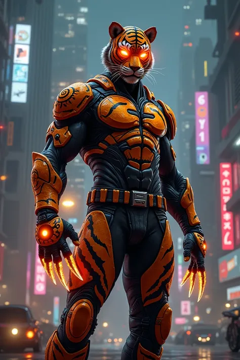 "Create a visually stunning and dynamic portrayal of a young, handsome Indian male superhero inspired by a tiger. He is muscular and armored in sleek, modern combat gear infused with tiger-themed elements—such as claw-like gauntlets, a glowing orange and b...