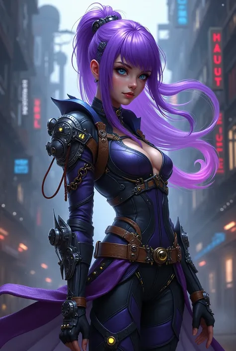 Un personnage féminin inspirée d’Arcane, avec 
des détails  steampunk, une chevelure violette 
fluide,et des yeux bleus et une ambiance 
rappelant zaun