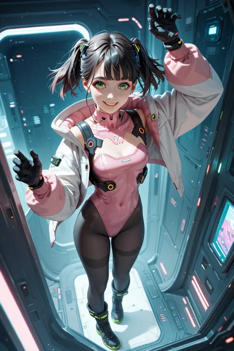     Super fine　    Ultra high definition cinematic angle seen from directly above   　 feet     　whole body　               Black Gloves       　 woman  　1 person　　      Green Eyes　smile　            Short black hair in twin tails   　                 pink high...