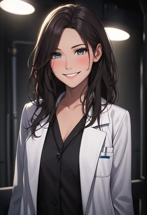 Correction in the eyesMasterpiece, (cinematic lighting:1.1), front view, (3/4 body view), labcoat_blackshirtunderneath_, low-key lighting, dark laboratory (looking at viewer front on_blushingsmile_shy:1.3),