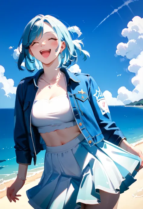 {{{masterpiece}}}, {{{best quality}}}, {{ultra-detailed}}, {illustration}, {{an extremely delicate and beautiful}},Blue denim jacket＋White flare skirt  / coastal / Laugh at the Beach 