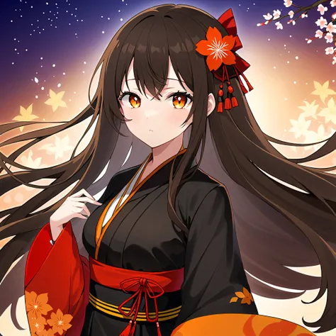 appearance:  Anime girl has dark brown hair that reaches a little long below her shoulders,  orange-eyed , light skin,  medium breasts , a slim body , She measures 159 cm , Wear a traditional black male hanfu with red details .