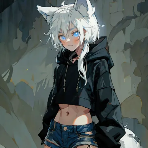 Single boy, Anime boy, Short, Long flowing white hair, wolf ears, wolf tail, blue eyes, wearing a cropped oversized black hoodie, wearing short denim shorts, thigh high fishnets, flat chest, super flat chest, solo femboy, only one femboy solo, alone, (SOLO...