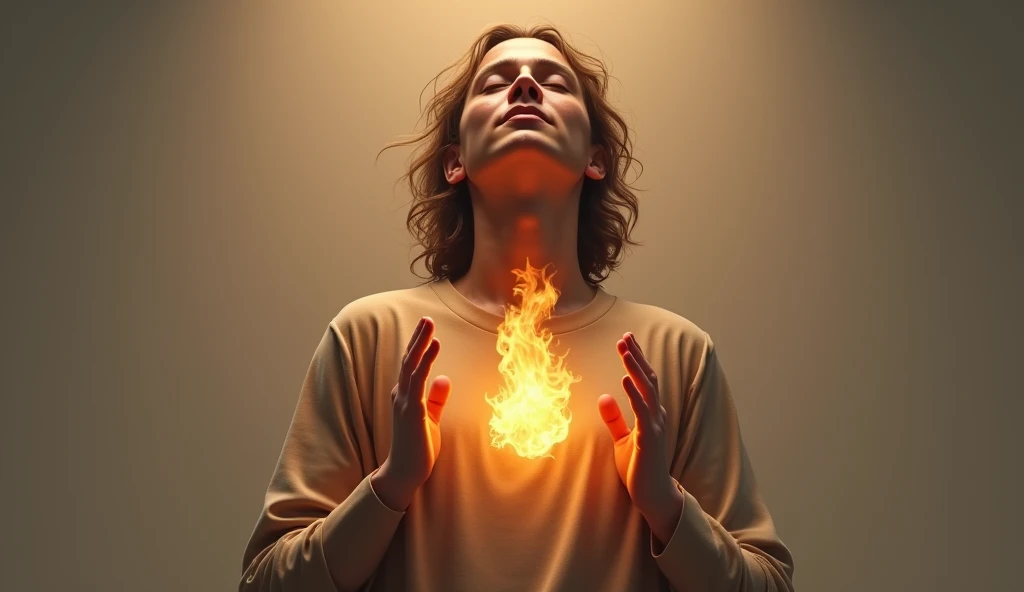 It creates a representation of a realistic person of faith dressed simply casually, raising their hands up praying and who has a flame of fire inside the center of their chest.,  that has a revival of the spirit , But the flame is beautiful  