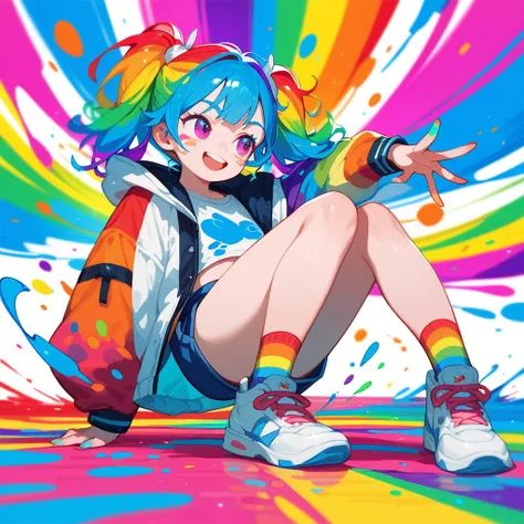 1 girl, colorful , kawaii , rainbow , splatter , Japan animation , smile , High quality ,looking away from the camera, full body