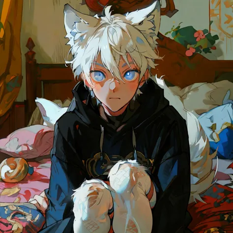 Single boy, Anime boy, Short, Long flowing white hair, wolf ears, wolf tail, blue eyes, wearing a cropped oversized black hoodie, wearing short denim shorts, thigh high fishnets, flat chest, super flat chest, solo femboy, only one femboy solo, alone, (SOLO...