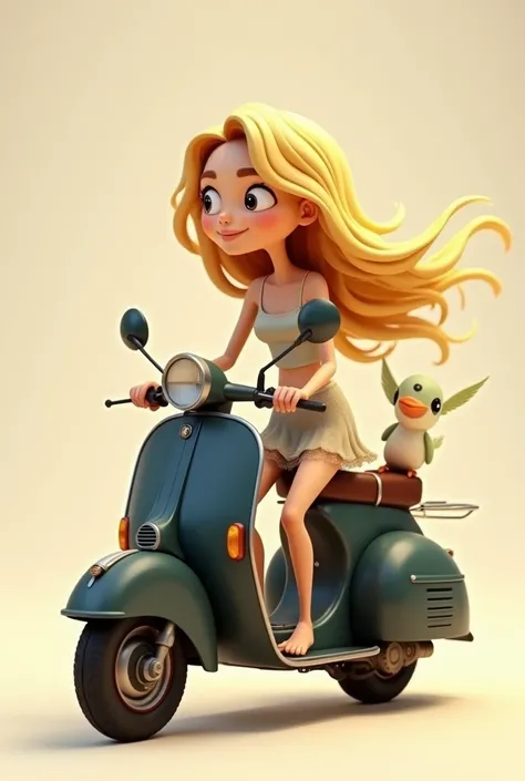 Animated wavy blonde woman on a classic black scooter with a tender nymph bird