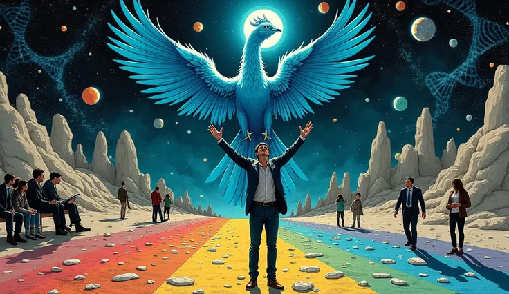 The image is an illustration of a man standing on a rocky path with his arms raised in the air, reaching up towards a blue bird with its wings spread wide. The bird appears to be a phoenix, with its head turned towards the sky. The background is filled wit...