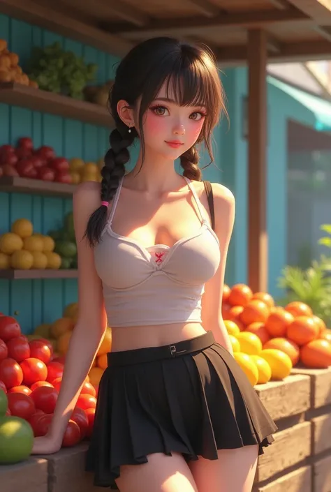   Thai girl with bangs hair and Double braids, smirk, wearing a white transparent camisole and a sheer short black pleated skirt revealing lingerie, pose, fruit stall is made of wooden crates and shelves, filled with an assortment of fresh fruits, light bl...