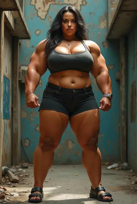 A strong, tough woman with big breasts and shorts and sandals  