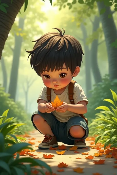 The same boy picking up a leaf on the ground
