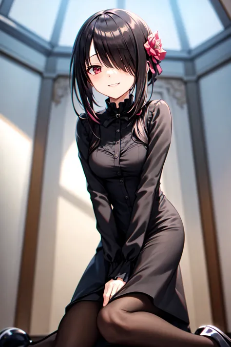 1 Girl,  unique , Kneel down,  constellation, 
cckurumi,  long hair, Low double ponytail, Hair Flower,  cover the hair of one eye, Hairpin, Gothic,  black dress, ribbon, pantyhose, 
slippers, 
Sitting,  Smile,  watching the audience, 
Lean forward, 
Indoor...