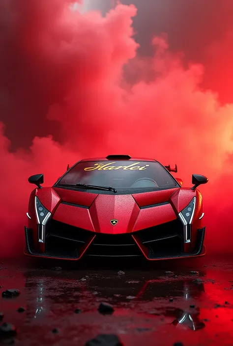 Lanborghini Veneno dark red chrome plated with silver details black wheel in the middle of a red storm with the name Harlei written in gold on the car glass 