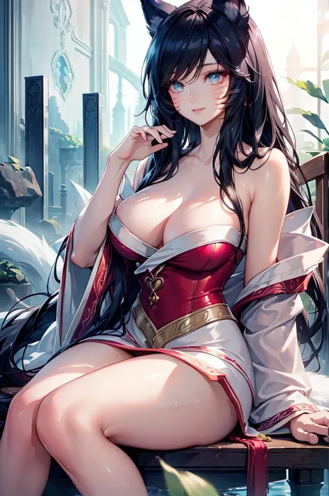 (best quality,ultra-detailed,realistic:1.37),Ahri,spa,luxurious,relaxing atmosphere,beautiful detailed eyes,beautiful detailed lips,smiling,bathrobe,sitting upright,black hair,nine white tails,peaceful background,portraits,vivid colors,soft lighting,tranqu...