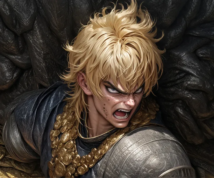 High quality, ultra realistic,absurdres, highres, ultra detailed, HDR, masterpiece, extremely detailed face and eyes,blonde, angry face Sagitarius Seiya, Saint Saiya , Dark Armor, solo, ,man, handsome, 