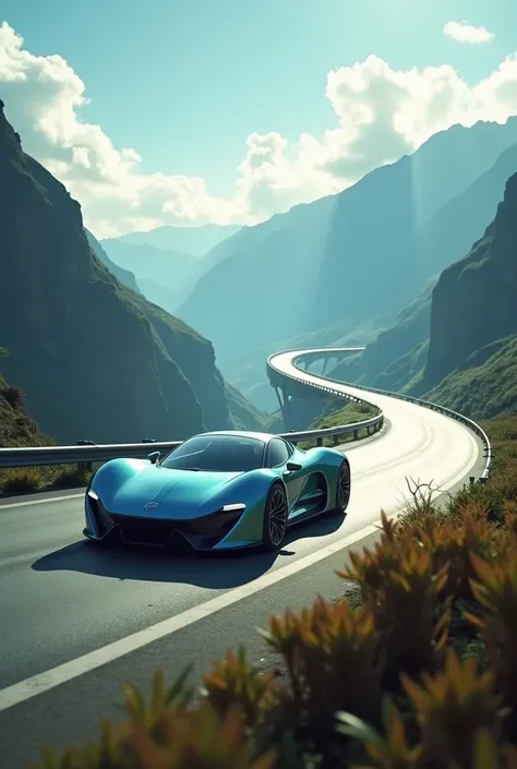  a heavenly car with a blablacar logo on a Peruvian highway and happy with the phrase above "Safe on the road , creating good times  "