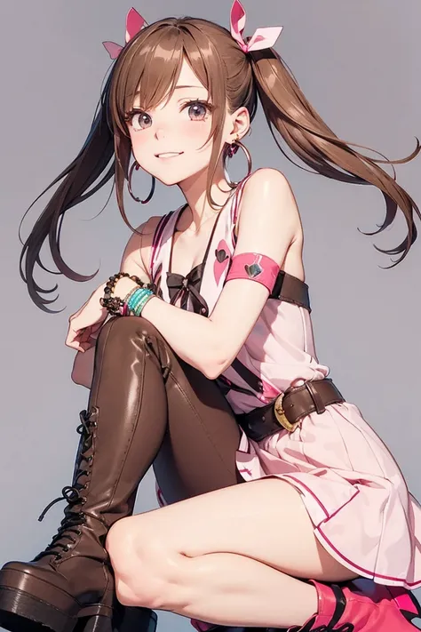 smile, Looking straight ahead,   anime-style illustration of a twin-tailed brown-haired girl tied with pink ribbons, ,  Platform Boots .  she has large earrings and multiple bracelets , Her expression is、 more clearly cute 、 is slightly emotional . ,  simp...