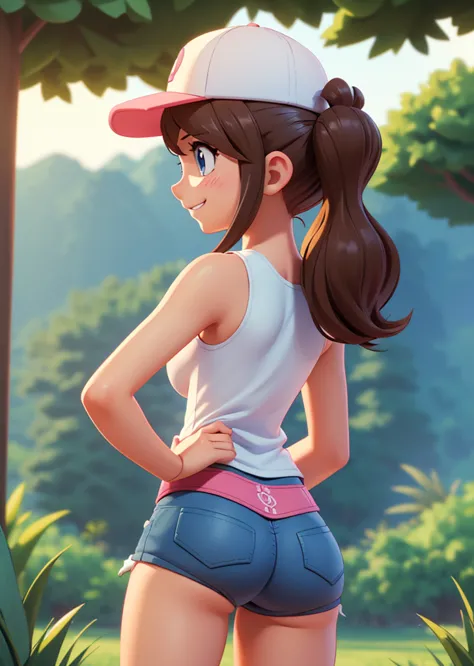 [hilda \(pokemon\)], [pokemon], ((masterpiece)), ((hd)), ((high res)), ((solo portrait)), ((back view)), ((waist up)), ((cute an...