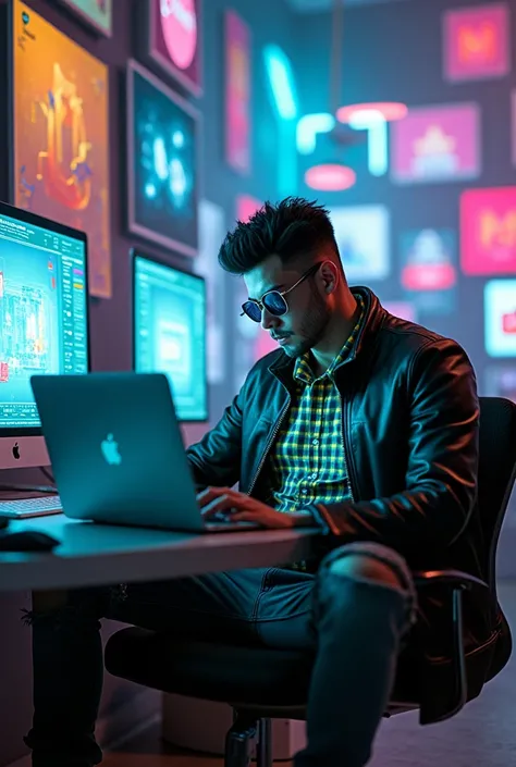 Tall muscular man, very attractive black hair, cyberpunk dress, web designer dressed in a leather jacket, a turquoise and yellow checkered shirt with jeans torn at the knees and futuristic Nike tennis boots, short punk hair, system sunglasses sitting on a ...