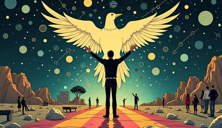 The image is an illustration of a man standing on a rocky path with his arms raised in the air, reaching up towards dozens of angels with its wings spread wide. The background is filled with intricate patterns and designs, including DNA strands, spheres, a...