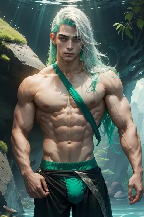 1 chico,  wearing micro thong , Full mast ,  erect lump , transparent thong ,  mushroom aquatic world , wide angle,  athletic body , male, iridescent skin,  flat chest , silver eyes ,  Green hair styled in tips,  decisive expression ,  bioluminescent light...