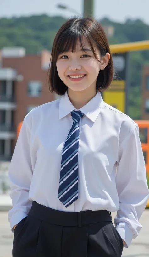 School uniform, young female, Japanese, highest quality, 8K, realistic, f/5.0, approx. 150 cm tall, 42 kg, cheerful short hair, bad teeth, large front teeth, low nose, fair skin, visible intersection in background, large eyes, long eyelashes, sharp backgro...