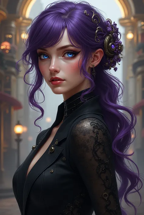 
Un personnage féminin inspirée d’Arcane, avec des détails steampunk, une longue chevelure   violette fluide,et des yeux bleus avec un tenue couleur noir et une ambiance rappelant zaun et piltover
