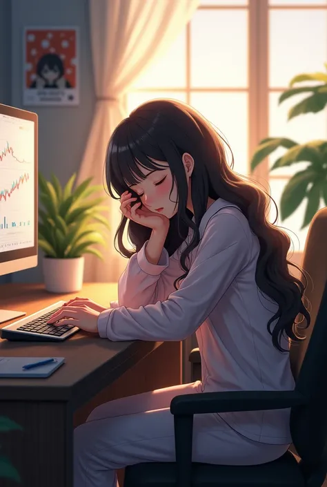 (photorealism:1.2), animated, beautiful unisex, at desk with a computer, computer showing graphs, wall has anime posters, sitting on chair, sleeping on keyboard, soft shirt, pajama pants, wavy hair down to the shoulders, indoors, soft lighting, plants in b...