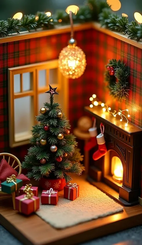 Miniature Christmas room diorama, 6cm cube, handcrafted detail:

Main elements:
- Tiny decorated Christmas tree (2.5cm tall)
- Miniature fireplace with LED micro-light
- Dollhouse-scale wrapped presents
- Tiny stockings (0.8cm length)

Details in 1:24 scal...