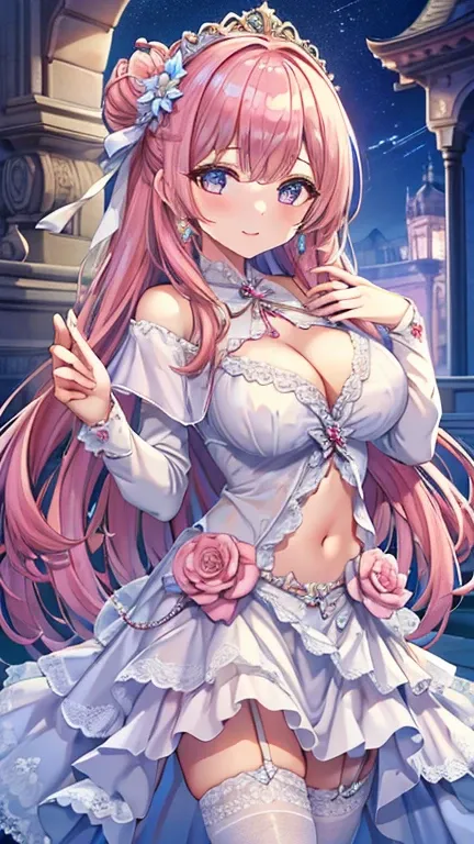 masterpiece、  best quality 、 super detailed、 1 girl、 Light Pink Hair 、Soft Long Hair 、Starry Eyes、big 、 clevis、 Too Big Breasts Czech Outfit、Wide Open Chest 、Mysterious light 、Night Sky、smile、Lace Cape、 earrings for a woman alone、 garter belt、belly button