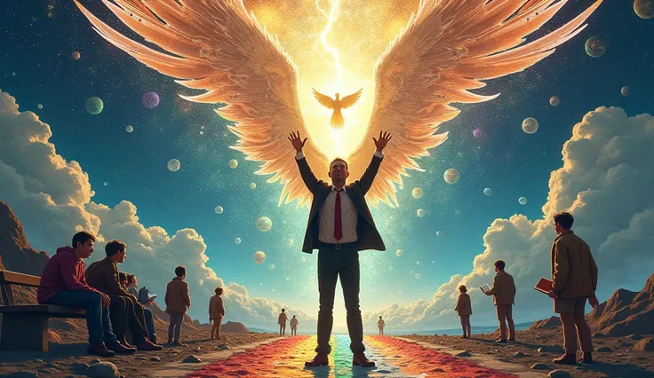 The image is an illustration of a man standing on a rocky path with his arms raised in the air, reaching up towards dozens of angels with its wings spread wide. The background is filled with intricate patterns and designs, including DNA strands, spheres, a...