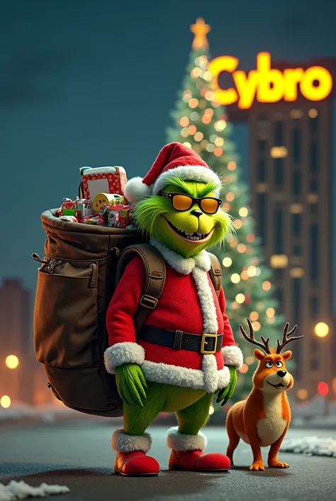  I want to do the Grinch with the Beaver Face with his big smile and golden Oakley , Disguised as Santa ,  glasses with a big red backpack full of toys in a lonely city at night in a building read CYBRO in Yellow .and in the center a big Christmas tree wit...