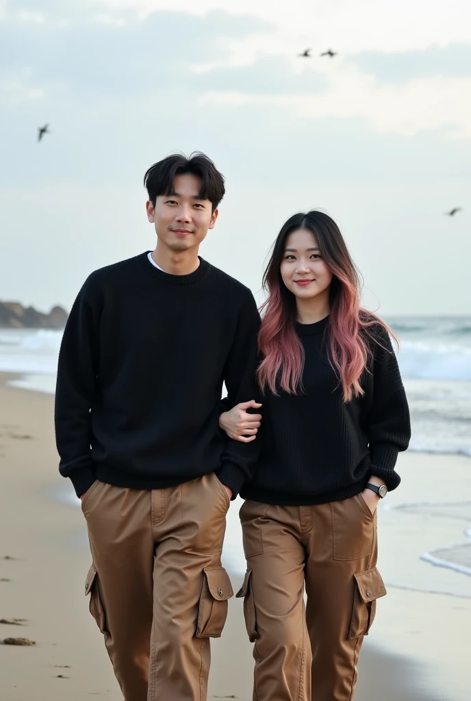 couple lovers ((handsome korean man with short black hair, )), ((Beautiful Korean Woman chubby, long black mixed pink hairstyle  ))smooth white skin,well-groomed face.wearing a dark black sweater, white boxes,,,dark black sweater, Cool watch, brown cargo p...