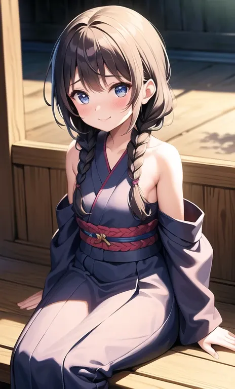  1 girl , masterpiece,  best quality,  cowboy shooting alone,  Side Braided Hair , Yukata, ( clevis,  Shoulderz),  sitting , smile, ( using flat lights ), throw, (Blushing face:1.2)